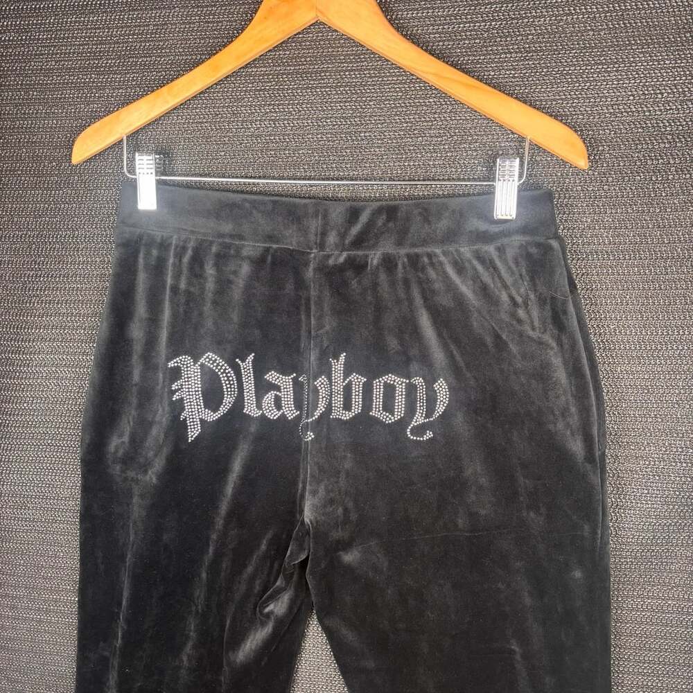 Playboy Velour Pants Black Rhinestone Logo